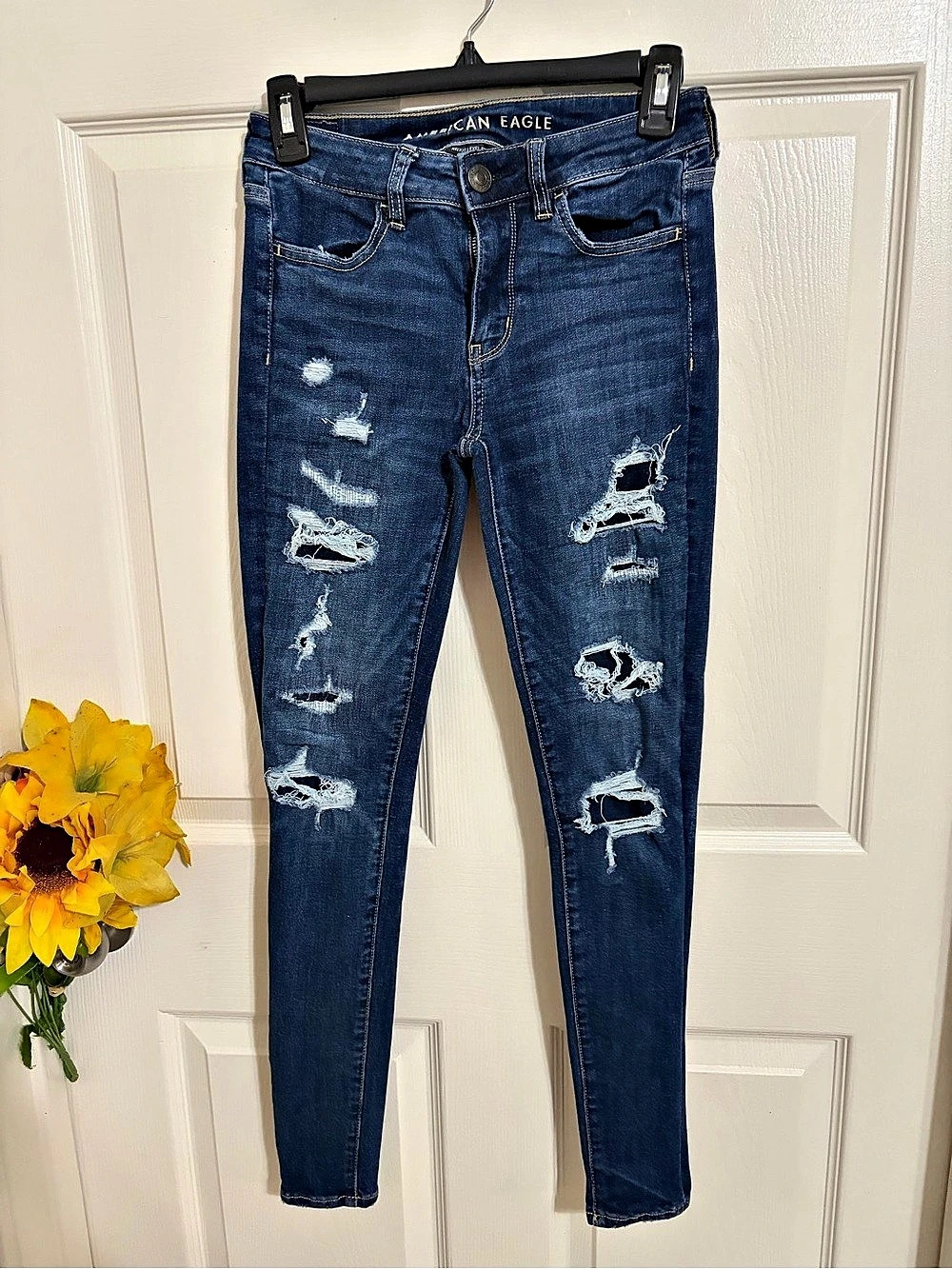 American Eagle Next Level Stretch Distressed Skinny Jeans in Blue Waist 15